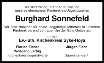 Traueranzeige von Burghard Sonnefeld von KREISZEITUNG SYKE