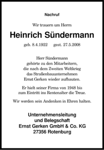 Traueranzeige von Heinrich Sündermann von KREISZEITUNG SYKE