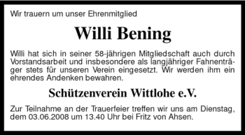 Traueranzeige von Willi Bening von KREISZEITUNG SYKE