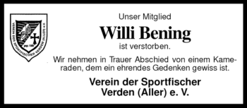 Traueranzeige von Willi Bening von KREISZEITUNG SYKE