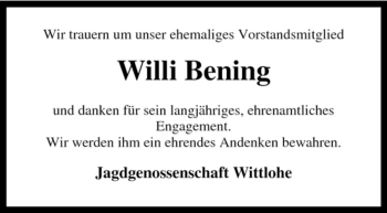 Traueranzeige von Willi Bening von KREISZEITUNG SYKE