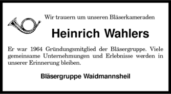 Traueranzeige von Heinrich Wahlers von KREISZEITUNG SYKE