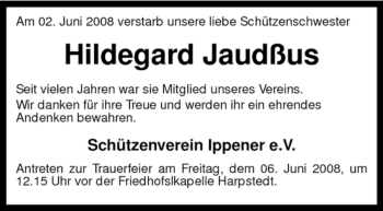 Traueranzeige von Hildegard Jaudßus von KREISZEITUNG SYKE