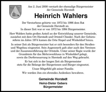 Traueranzeige von Heinrich Wahlers von KREISZEITUNG SYKE