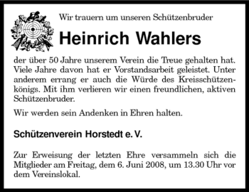 Traueranzeige von Heinrich Wahlers von KREISZEITUNG SYKE