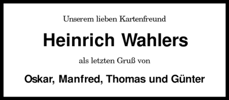  Traueranzeige für Heinrich Wahlers vom 04.06.2008 aus KREISZEITUNG SYKE