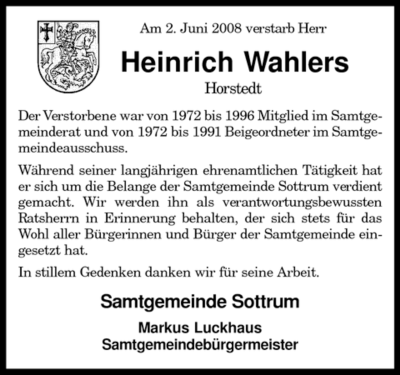  Traueranzeige für Heinrich Wahlers vom 04.06.2008 aus KREISZEITUNG SYKE