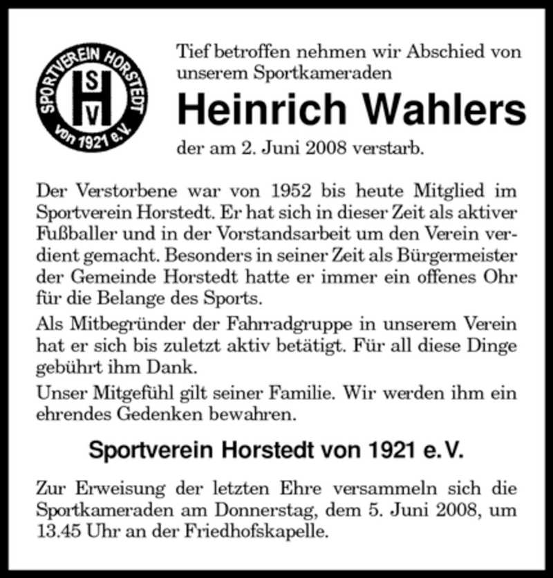  Traueranzeige für Heinrich Wahlers vom 04.06.2008 aus KREISZEITUNG SYKE