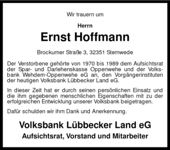 Traueranzeige von Ernst Hoffmann von KREISZEITUNG SYKE