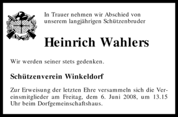 Traueranzeige von Heinrich Wahlers von KREISZEITUNG SYKE