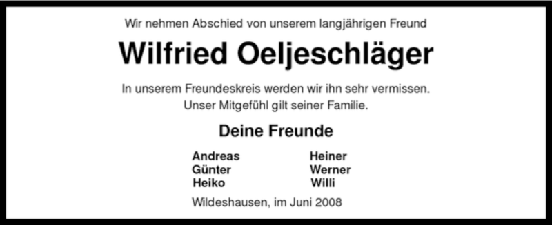  Traueranzeige für Wilfried Oeljeschläger vom 05.06.2008 aus KREISZEITUNG SYKE