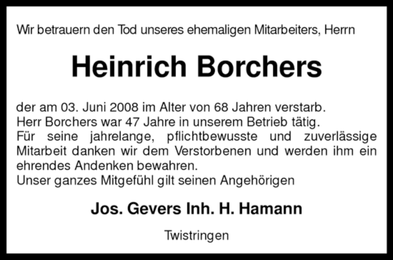  Traueranzeige für Heinrich Borchers vom 05.06.2008 aus KREISZEITUNG SYKE