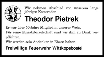 Traueranzeige von Theodor Pietrek von KREISZEITUNG SYKE