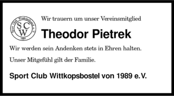 Traueranzeige von Theodor Pietrek von KREISZEITUNG SYKE