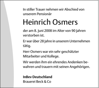 Traueranzeige von Heinrich Osmers von KREISZEITUNG SYKE