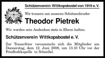 Traueranzeige von Theodor Pietrek von KREISZEITUNG SYKE