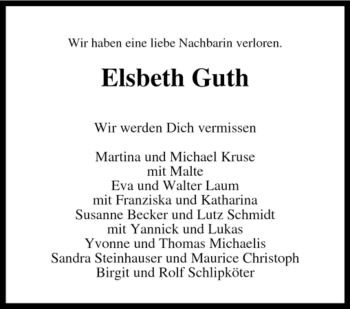 Traueranzeige von Elsbeth Guth von KREISZEITUNG SYKE