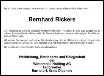 Traueranzeige von Bernhard Rickers von KREISZEITUNG SYKE