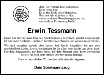 Traueranzeige von Erwin Tessmann von KREISZEITUNG SYKE