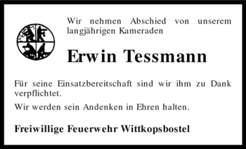 Traueranzeige von Erwin Tessmann von KREISZEITUNG SYKE