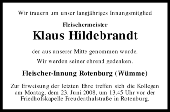 Traueranzeige von Klaus Hildebrandt von KREISZEITUNG SYKE