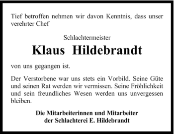 Traueranzeige von Klaus Hildebrandt von KREISZEITUNG SYKE