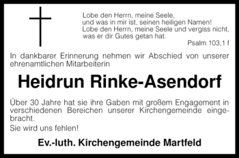 Traueranzeige von Heidrun Rinke-Asendorf von KREISZEITUNG SYKE