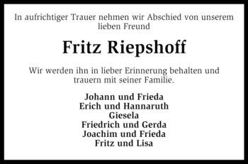 Traueranzeige von Fritz Riepshoff von KREISZEITUNG SYKE