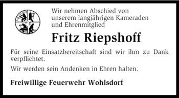 Traueranzeige von Fritz Riepshoff von KREISZEITUNG SYKE