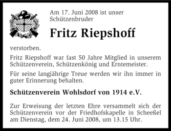 Traueranzeige von Fritz Riepshoff von KREISZEITUNG SYKE