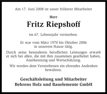 Traueranzeige von Fritz Riepshoff von KREISZEITUNG SYKE