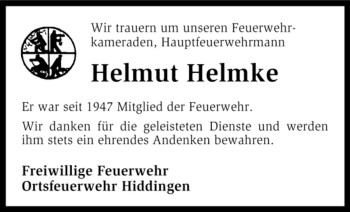 Traueranzeige von Helmut Helmke von KREISZEITUNG SYKE