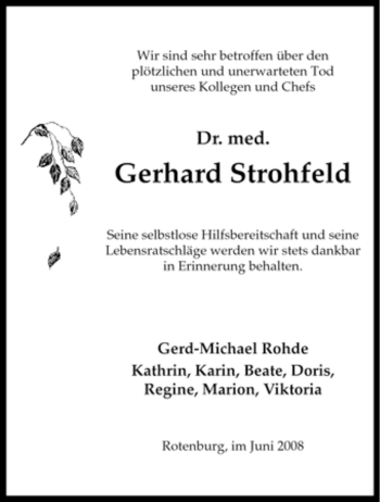 Traueranzeige von Gerhard Strohfeld von KREISZEITUNG SYKE