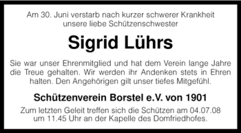 Traueranzeige von Sigrid Lührs von KREISZEITUNG SYKE