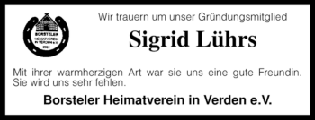 Traueranzeige von Sigrid Lührs von KREISZEITUNG SYKE