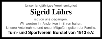 Traueranzeige von Sigrid Lührs von KREISZEITUNG SYKE