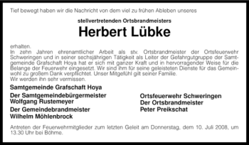 Traueranzeige von Herbert Lübke von KREISZEITUNG SYKE