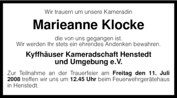 Traueranzeige von Marieanne Klocke von KREISZEITUNG SYKE