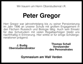 Traueranzeige von Peter Gregor von KREISZEITUNG SYKE