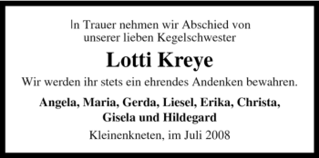 Traueranzeige von Lotti Kreye von KREISZEITUNG SYKE