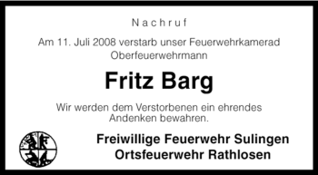 Traueranzeige von Fritz Barg von KREISZEITUNG SYKE