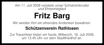 Traueranzeige von Fritz Barg von KREISZEITUNG SYKE