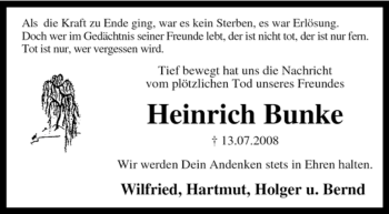 Traueranzeige von Heinrich Bunke von KREISZEITUNG SYKE