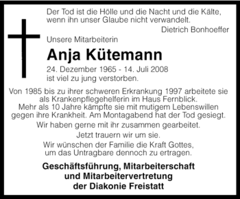 Traueranzeige von Anja Kütemann von KREISZEITUNG SYKE