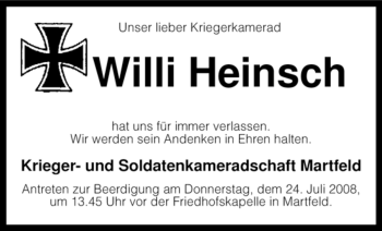 Traueranzeige von Willi Heinsch von KREISZEITUNG SYKE