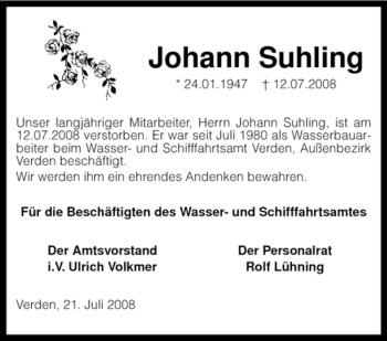 Traueranzeige von Johann Suhling von KREISZEITUNG SYKE