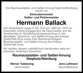 Traueranzeige von Hermann Ballack von KREISZEITUNG SYKE