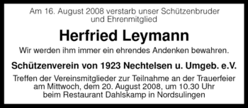 Traueranzeige von Herfried Leymann von KREISZEITUNG SYKE