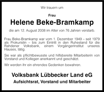 Traueranzeige von Helene Beke-Bramkamp von KREISZEITUNG SYKE