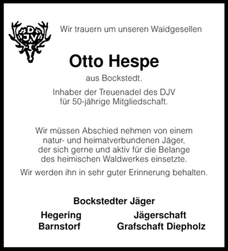  Traueranzeige für Otto Hespe vom 21.08.2008 aus KREISZEITUNG SYKE